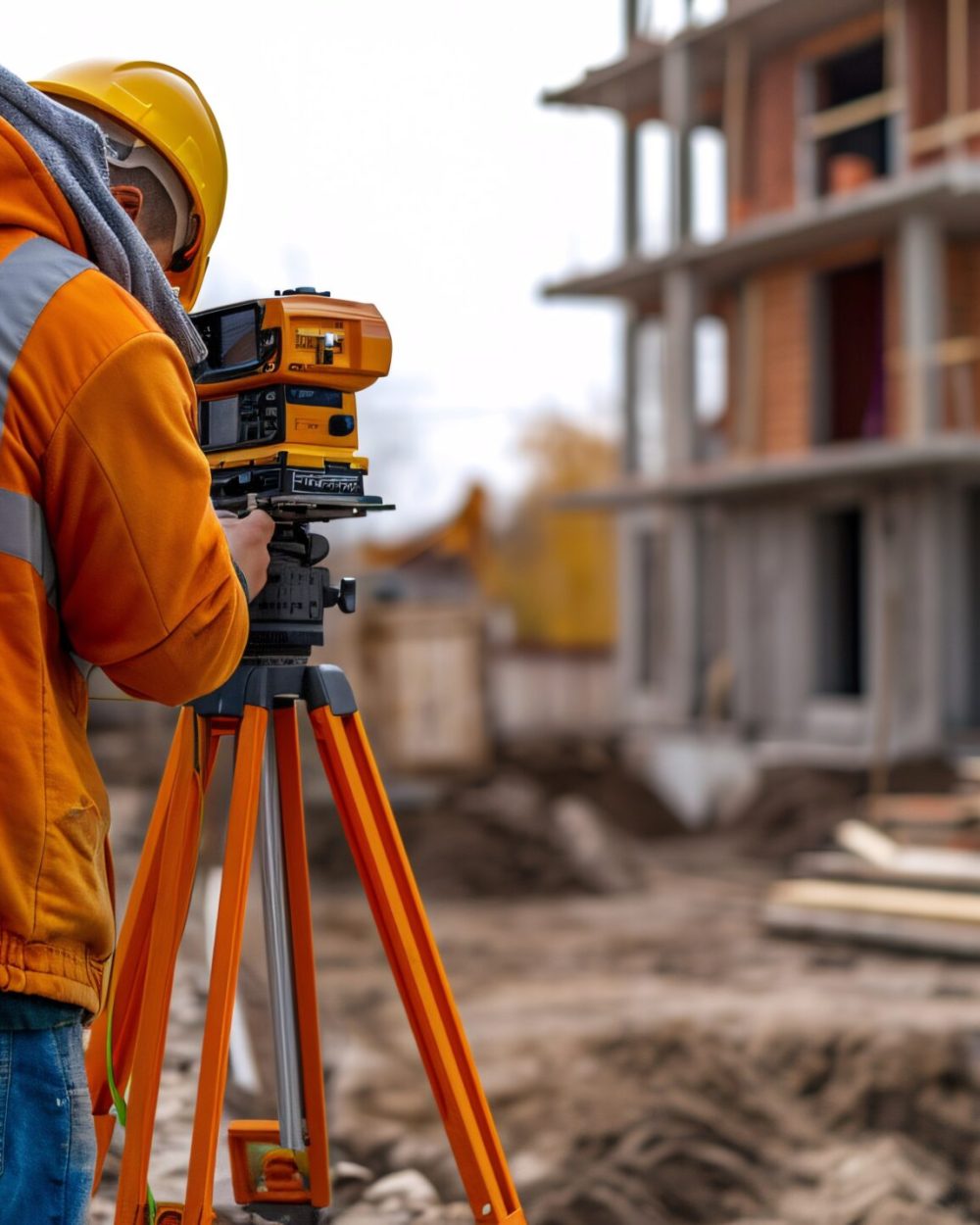 Construction site worker using theodolite to survey distances, elevations, and directions.