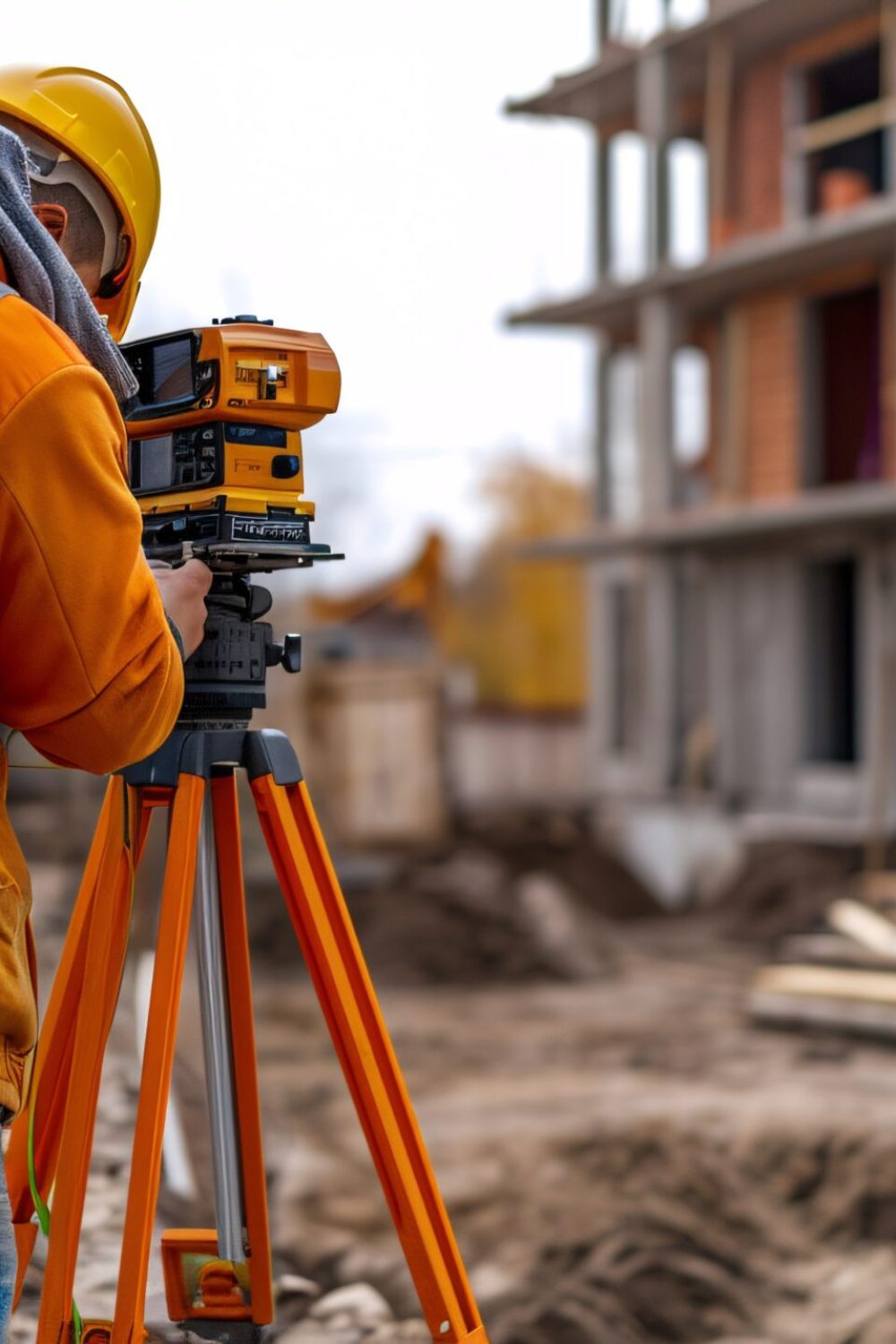 Construction site worker using theodolite to survey distances, elevations, and directions.